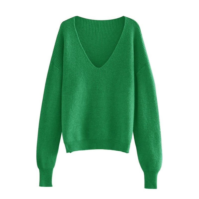 Christmas Gift  Sexy Deep v-neck Sweater Off Shoulder Sweater Green White Knitted Tops Korean Winter Clothes