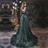 solvbao    Long Evening Dresses  Elegant Muslim Mermaid Long Sleeve Sequined Hunter Green Prom Party Formal Gown