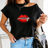 New Summer Fashion Shirt Lips Short Sleeve  T Shirt Women Tops Base O-neckBlack Tees Kiss Leopard Lip Funny Girls