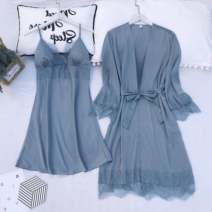 5PCS Pajamas Set Silk Satin Womens Lace Nightwear Spring Strap Pyjamas Suit Female Lounge Sleepwear with Chest Pads Home Wear