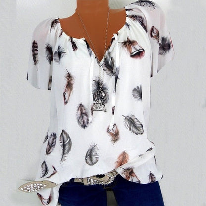 5XL Plus Large Size Women's Blouses Summer Tops New Leisure Blouse White Loose Feather Print V Neck Half Sleeve Shirts Blusas