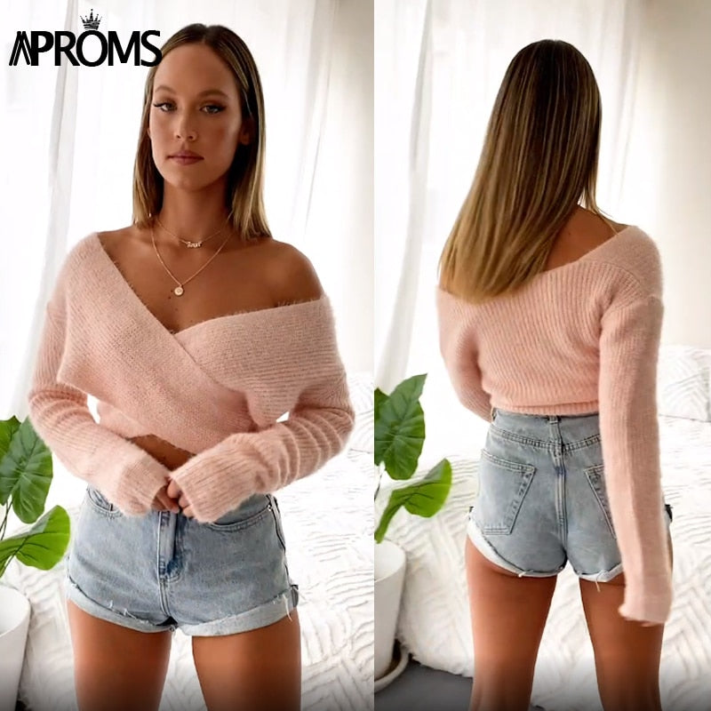 Christmas Gift Aproms Pink Fluffy Knitted Sweater Women Autumn Winter V-neck Wrap Front Basic Cropped Pullovers Fashion Outerwear Jumper