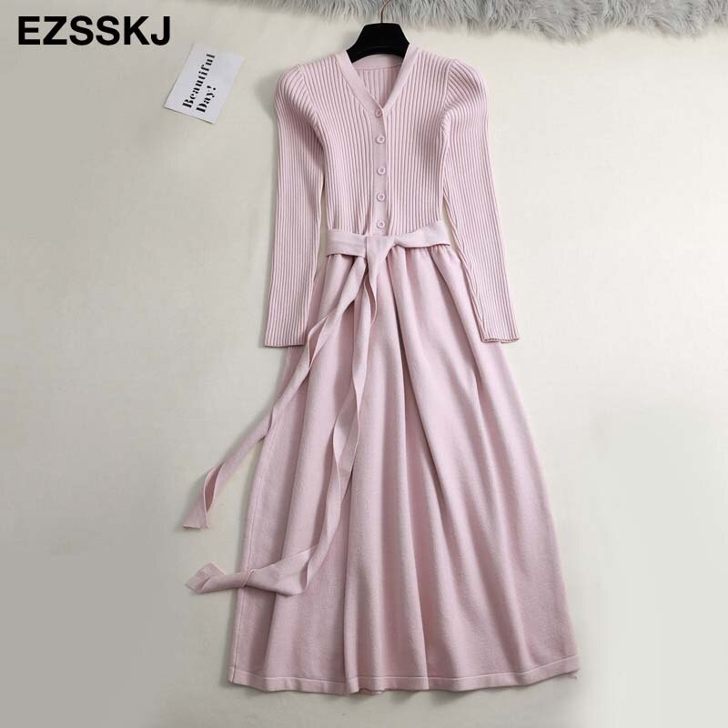 Christmas Gift autumn winter v-neck maxi sweater dress women OL female long sweater dress with belt elegant a-line solid slim dress