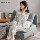 Autumn Women's Pajamas Set High Quality Bohemian Stripes Print Sleepwear V Neck Cotton Homewear Nightwear Pyjamas Femme