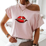 New Summer Fashion Shirt Lips Short Sleeve  T Shirt Women Tops Base O-neckBlack Tees Kiss Leopard Lip Funny Girls