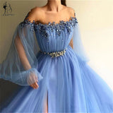 Sexy Slit Chiffon Long Evening Dresses  Women Formal Gowns Lantern Sleeves Prom Gowns For Party Flowers Vestidos De Fiesta