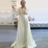 Solvbao Lace Beaded White Ivory Moroccan Caftan Dress Long Sleeve Islamic Dubai Saudi Arabic Formal Evening Dress Abaya Prom Dress