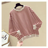 Christmas Gift Autumn Striped Knitted Hoodies Sweatshirts Women Casual Gentle Long Sleeve Loose Pullovers Patchwork O-Neck Collar Tops