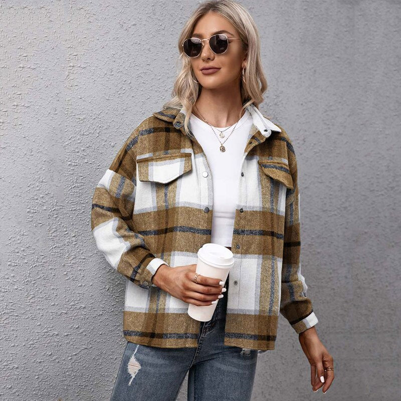 Christmas Gift  Autumn Checkered Jacket Women Winter Plaid Jacket Overshirt Ladies Warm Thicken Button Shirt Jacket Coat Women