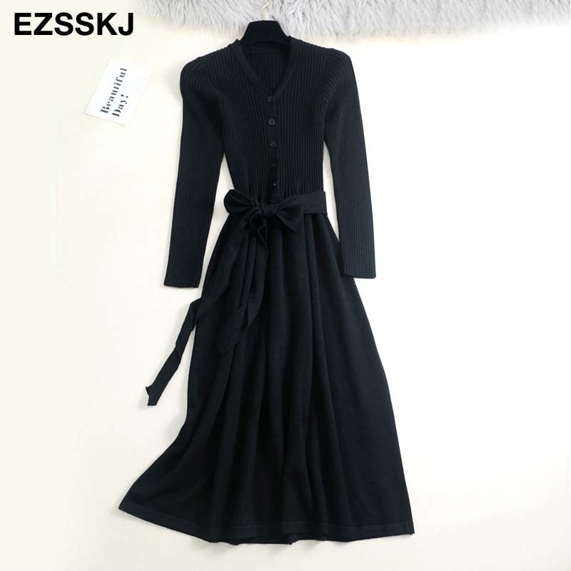 Christmas Gift autumn winter v-neck maxi sweater dress women OL female long sweater dress with belt elegant a-line solid slim dress