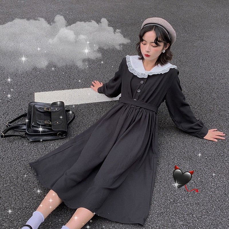 Christmas Gift Autumn Gothic Lolita Kawaii Dress Women Peter Pan Collar Long Sleeve Black Midi Dress Lace-up Mall Goth Japanese Harajuku