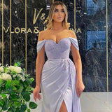 Sexy Prom Dresses  Off Shoulder Sequins Evening Dress Saudi Arabia High Split Night Cocktail Party Gowns Plus Size