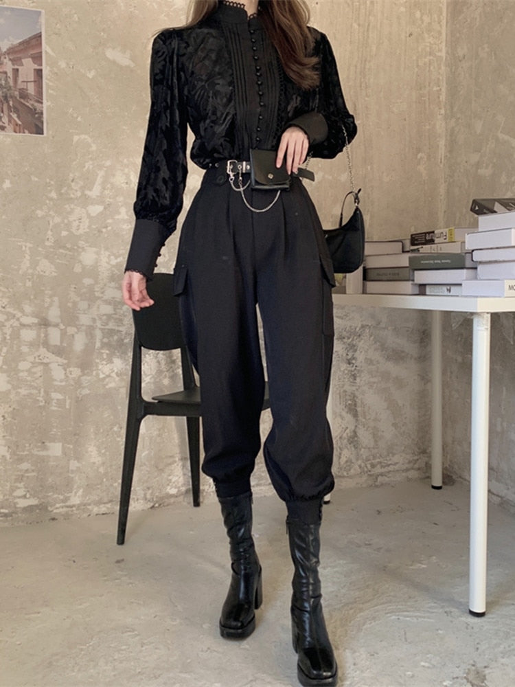 Back to college outfits Solvbao Korean Two-Piece Set Women  Winter New Temperament Stand-Up Collar Puff Sleeve Shirt Tops Female + Harem Pants Suit Female fx0615