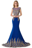 Solvbao Plus Size Blue Prom Dresses Long Women Mermaid Train Party Gown Birthday Gift Lady Luxury Gold Lace Appliques See through Back