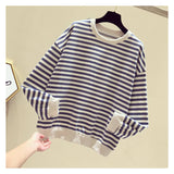 Christmas Gift Autumn Striped Knitted Hoodies Sweatshirts Women Casual Gentle Long Sleeve Loose Pullovers Patchwork O-Neck Collar Tops