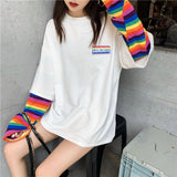 Black Friday Sales Rainbow Sleeve Harajuku T-Shirt Women's Stitching Long Sleeve T-Shirt Stripe Printing O-Neck Chic Tops  Summer Streetwear