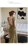 Back to school Solvbao Elegant Women Green Satin Backless Mixi Dress Palace Short Sleeve Lace V-Neck Bandage Vintage Bodycon Dress Robe Summer Vestidos fx0620