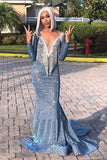 solvbao Blue Muslim Evening Dresses  Mermaid Long Sleeves Sequins Sparkle Islamic Dubai Kaftan Saudi Arabia Long Evening Gown