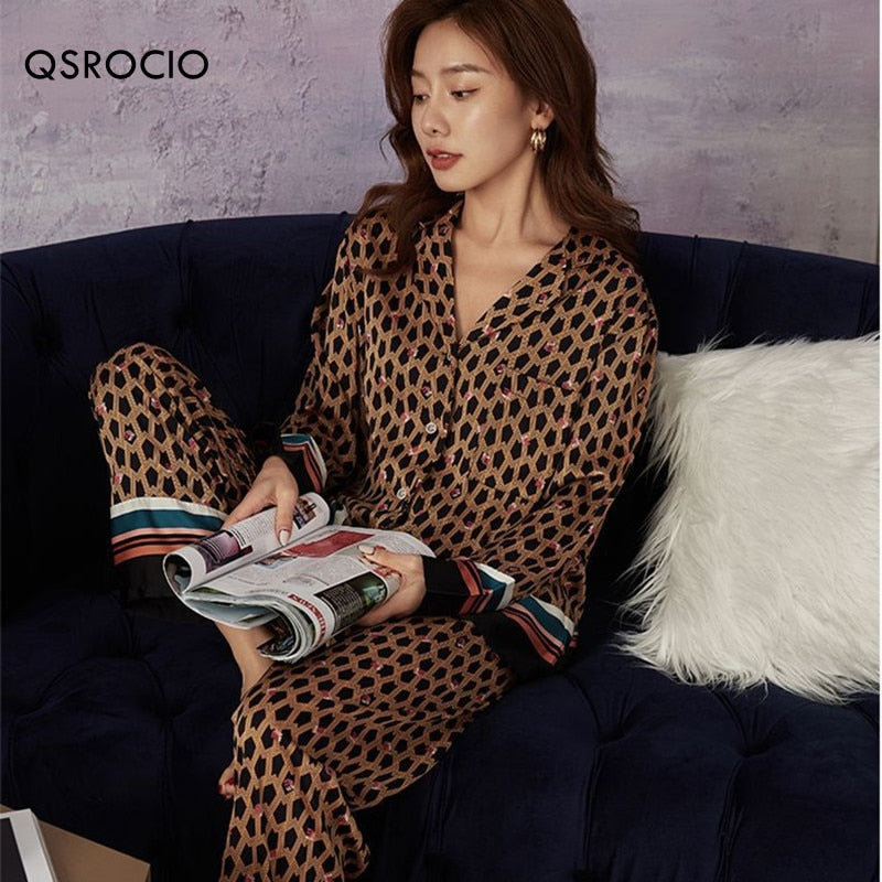 solvbao Women's Pajamas Set Luxury Style Flying Cranes Sleepwear Silk Like Nightie Leisure Home Clothes Nightwear Pyjamas Femme