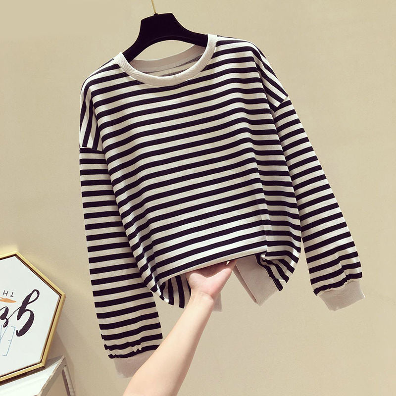 Christmas Gift Autumn Striped Knitted Hoodies Sweatshirts Women Casual Gentle Long Sleeve Loose Pullovers Patchwork O-Neck Collar Tops