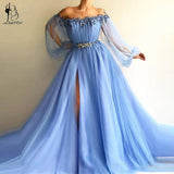 Sexy Slit Chiffon Long Evening Dresses  Women Formal Gowns Lantern Sleeves Prom Gowns For Party Flowers Vestidos De Fiesta