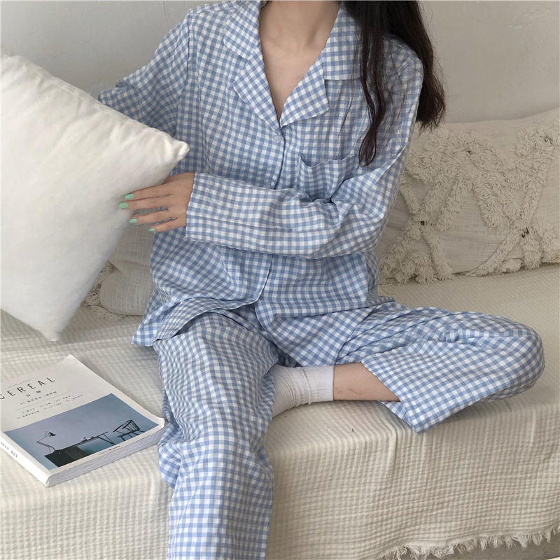 Cotton Home Suits Korean Sleepwear Plaid Print Pajamas for Women Summer  Pyjamas Girls Pijama Short and Long Sleeve Pjs Set