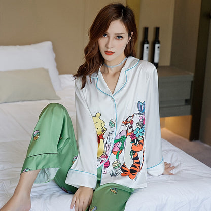 Women's Pajamas Set Luxury Style Cute Animal Print Sleepwear Silk Like Nightie Home Clothes Nightwear Pyjamas Femme