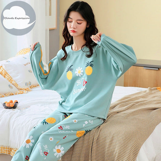 Spring Autumn Women's Sleep Lounge Pajama Long Sleeved Woman Pajama Set Cartoon Pyjamas Cotton Sleepwear M L XL XXL XXXL Fashion