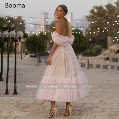 Solvbao Blush Pink Short Prom Dresses  Off Shoulder Tiered Skirt A-Line Party Dresses Pleated Tea-Length Tulle Formal Gowns