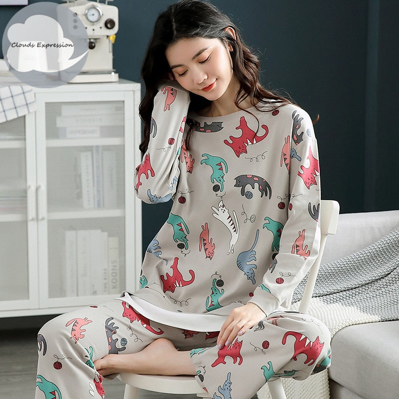 Spring Autumn Women's Sleep Lounge Pajama Long Sleeved Woman Pajama Set Cartoon Pyjamas Cotton Sleepwear M L XL XXL XXXL Fashion