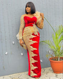 solvbao  Red Lace Aso Ebi Evening Dresses Long Sleeves Women Plus Size Velvet Prom Gowns Lace Appliques Sheer Party Gown