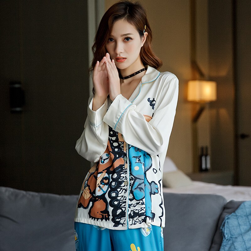 Women's Pajamas Set Luxury Style Cute Animal Print Sleepwear Silk Like Nightie Home Clothes Nightwear Pyjamas Femme