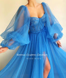 solvbao Simple Blue Prom Dresses Long Puff Sleeves Exposed Boning Illusion Evening Dresses High Slit Tulle A-Line Formal Gowns