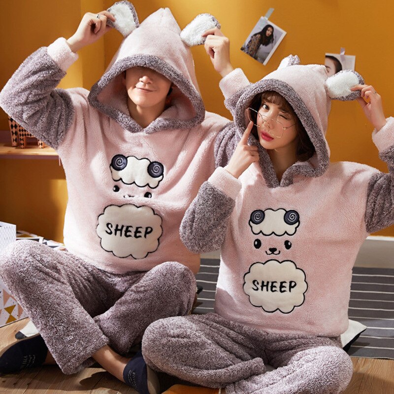 solvbao Couples Pajamas Set Coral Fleece Sleepwear Autumn Winter New Cute Lounge Wear Casual Pyjamas Suit Nightwear Panda Home Clothes