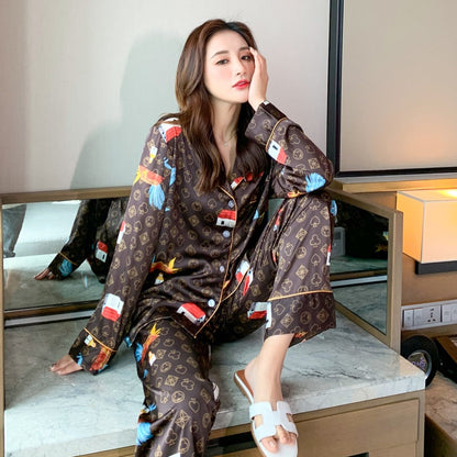 solvbao Women's Pajamas Set Luxury Style Cute Animal Print Sleepwear Silk Like Nightie Home Clothes Nightwear Pyjamas Femme