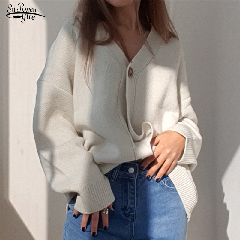 Christmas Gift  Winter Elegant Solid Women's Sweater Autumn V-Neck Buttons Cardigan Oversized Fashion Korean Knitwears Sweater Jacket 17618