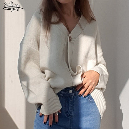 Christmas Gift  Winter Elegant Solid Women's Sweater Autumn V-Neck Buttons Cardigan Oversized Fashion Korean Knitwears Sweater Jacket 17618