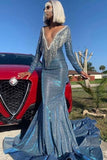 solvbao Blue Muslim Evening Dresses  Mermaid Long Sleeves Sequins Sparkle Islamic Dubai Kaftan Saudi Arabia Long Evening Gown