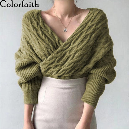 Christmas Gift  New  Winter Spring Women Sweaters Knitted V-Neck Cross Wild Korean Sexy Elegant Pullovers Ladies Jumpers SW1235JX