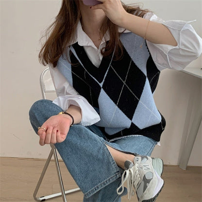 Christmas Gift   New Autunm Winter Women Sweater Pullover Vest Sleeveless Oversized Knitted Checkered Vintage Lady Tops SWV1397JX