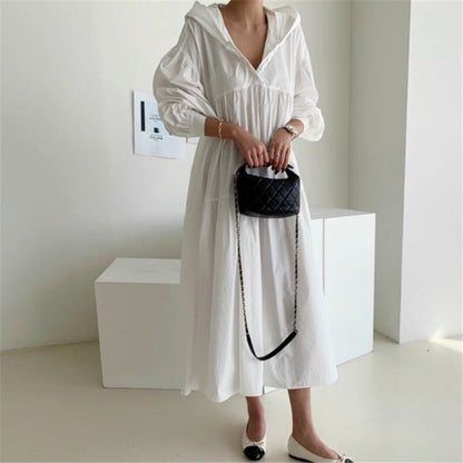 Christmas Gift  early spring simple solid cascading pleated hoodies down solid long dress simple classic retro temreprament dress  new