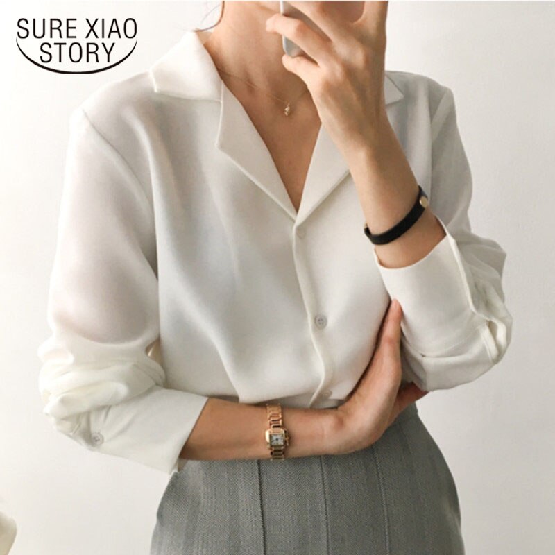 Christmas Gift  Vintage Solid White Chiffon Blouse Tops Spring Cardigan Women Blouses Long Sleeve Women Shirts Clothes Blusas Mujer 9379 50