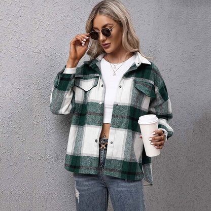 Christmas Gift  Autumn Checkered Jacket Women Winter Plaid Jacket Overshirt Ladies Warm Thicken Button Shirt Jacket Coat Women