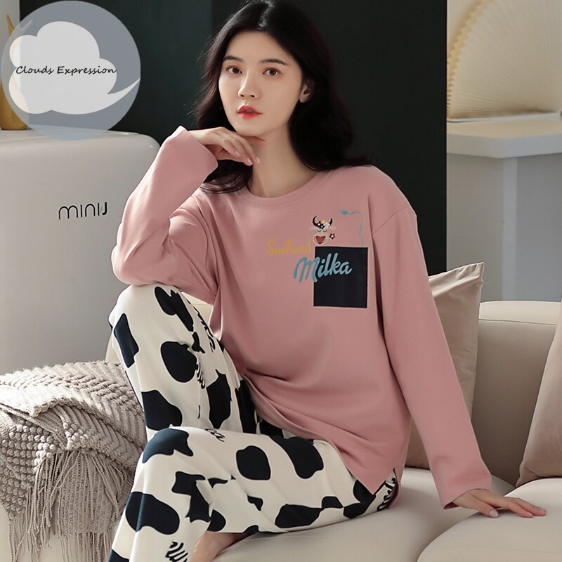 Spring Autumn Women's Sleep Lounge Pajama Long Sleeved Woman Pajama Set Cartoon Pyjamas Cotton Sleepwear M L XL XXL XXXL Fashion