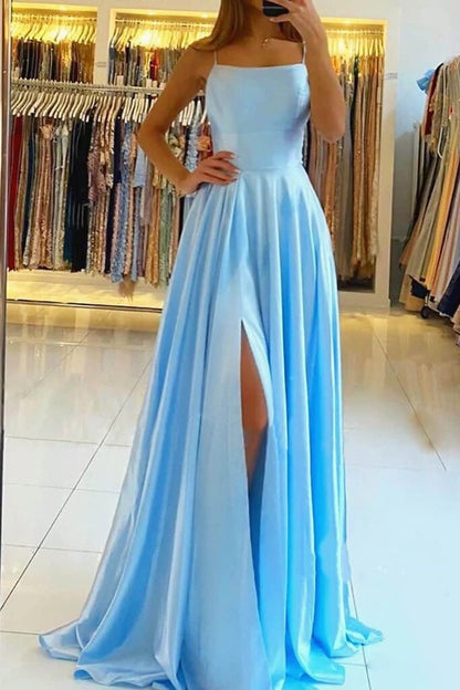 Womens Straps Prom Dress Long High Split Satin Evening Gowns Prom Spaghetti Formal Party Bridesmaid Dresses For Wedding