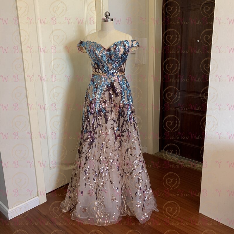 Sexy Prom Dress  Colorful Sequin Off Shoulder Sweetheart Long Party A Line Formal Graduation Gown Evening Celebration Dress