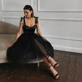 Tulle Spaghetti Prom Dresses A Line Velvet Top Sexy Girls Cocktail Dresses Tea Length Homecoming Dresses