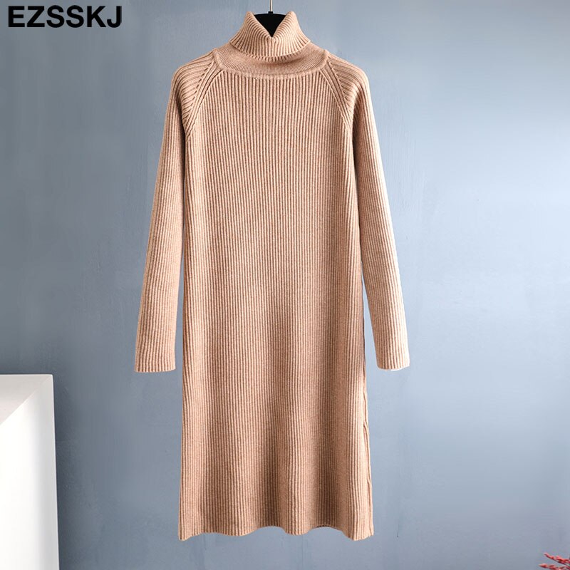 Christmas Gift  Autumn Winter long thick Sweater Dress Women turtleneck long Sleeve straight maix Dress female girl warm long dress