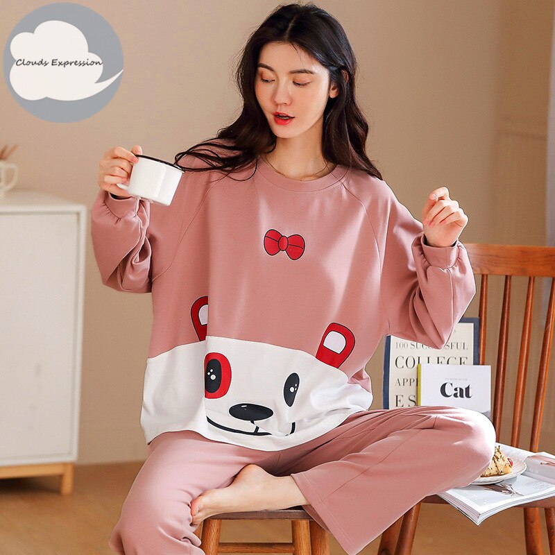 Spring Autumn Women's Sleep Lounge Pajama Long Sleeved Woman Pajama Set Cartoon Pyjamas Cotton Sleepwear M L XL XXL XXXL Fashion