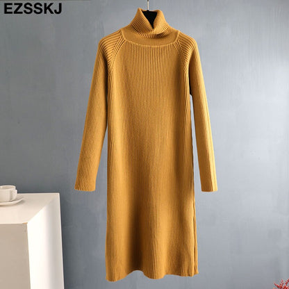 Christmas Gift  Autumn Winter long thick Sweater Dress Women turtleneck long Sleeve straight maix Dress female girl warm long dress